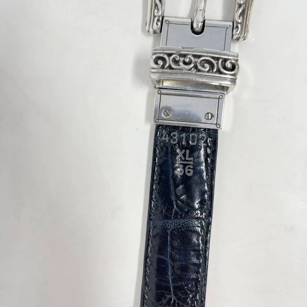 Brighton Reversible Leather Belt Wms 36 Navy Blue Brown Croc Embossed Silver